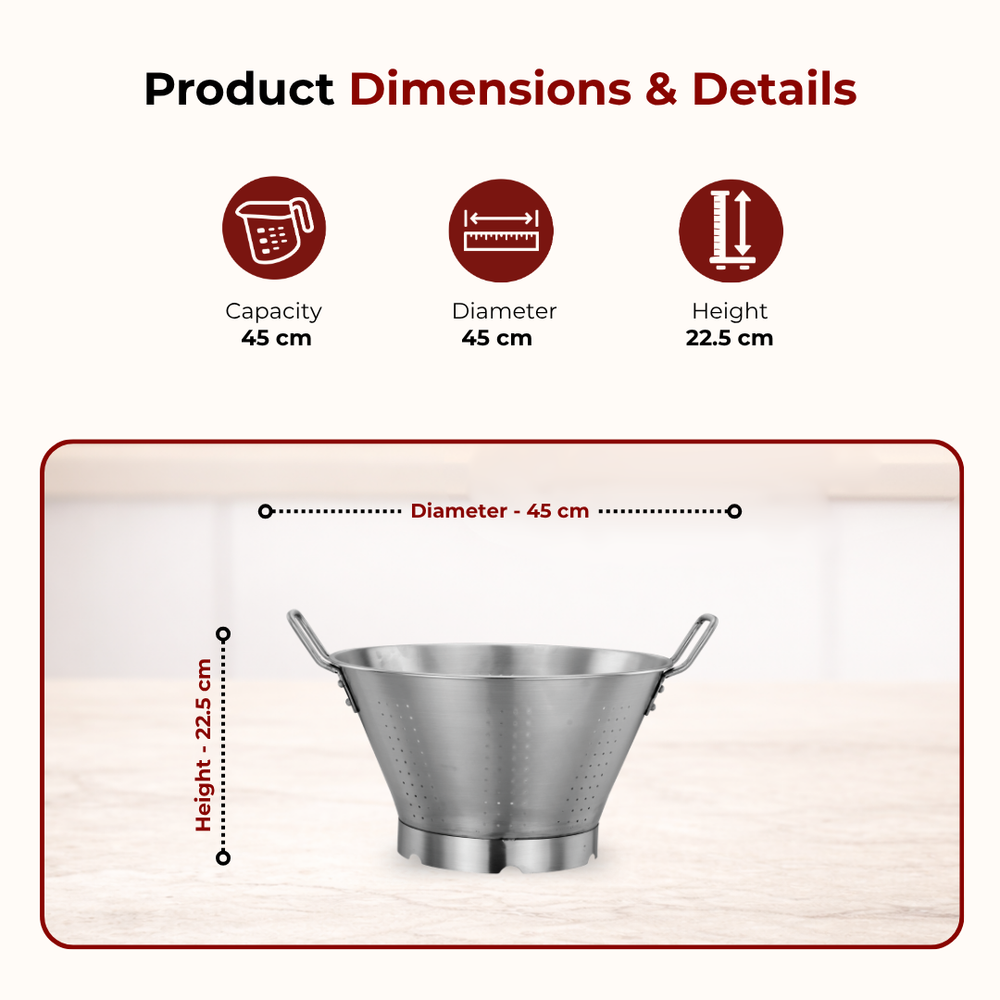 Stainless Steel Conical Colander: Deep Strainer with Drain Holes, Rust-Free, Heavy-Duty, Ideal for Rice, Vegetables, Pulses & Pasta