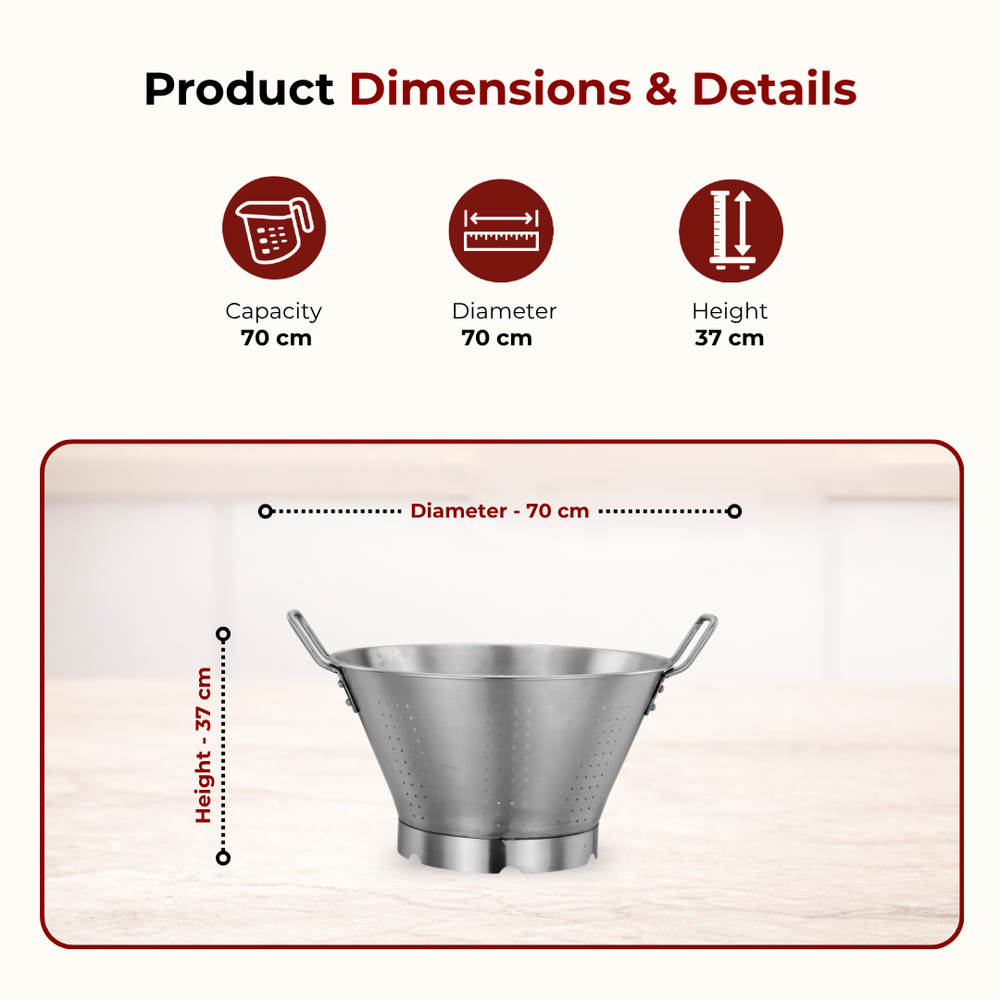 Stainless Steel Conical Colander: Deep Strainer with Drain Holes, Rust-Free, Heavy-Duty, Ideal for Rice, Vegetables, Pulses & Pasta