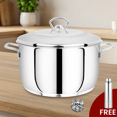 Avanti Stainless Steel Cooking / Biryani Pot Snug-Fit Lid, Premium Quality 304 Grade, Tri Ply Base, Non-stick, Gas & Induction Compatible, Cool-Touch Handle, Free ₹300 SS Water Bottle
