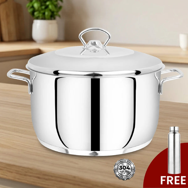 Avanti Stainless Steel Cooking / Biryani Pot Snug-Fit Lid, Premium Quality 304 Grade, Tri Ply Base, Non-stick, Gas & Induction Compatible, Cool-Touch Handle, Free ₹300 SS Water Bottle