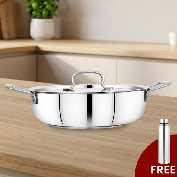 Avanti Stainless Steel Kadai: Premium Quality with Snug-Fit Lid, Tri Ply Base, Non-stick, Gas & Induction Compatible, Cool-Touch Handle, Free ₹300 SS Water Bottle