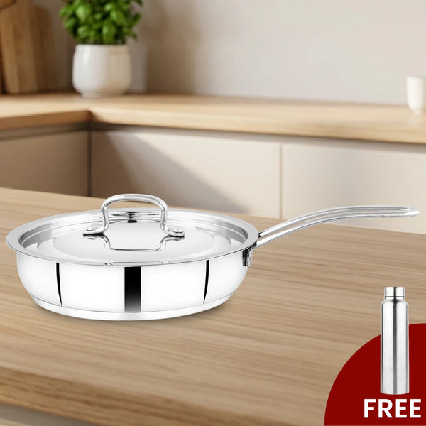 Avanti Stainless Steel Fry Pan: Premium Quality with Snug-Fit Lid, Tri Ply Base, Non-stick, Gas & Induction Compatible, Cool-Touch Handle, Free ₹300 SS Water Bottle