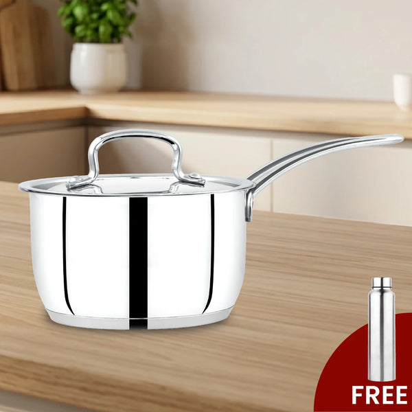 Avanti Stainless Steel Sauce Pan: Premium Quality with Snug-Fit Lid, Tri Ply Base, Non-stick, Gas & Induction Compatible, Cool-Touch Handle, Free ₹300 SS Water Bottle