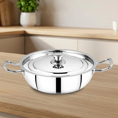 Classic Stainless Steel Kadai + Lid, Cook & Saute Curries, Dal, Pasta, Frying, Gas & Induction Compatible, Cool Touch Handle and Knob
