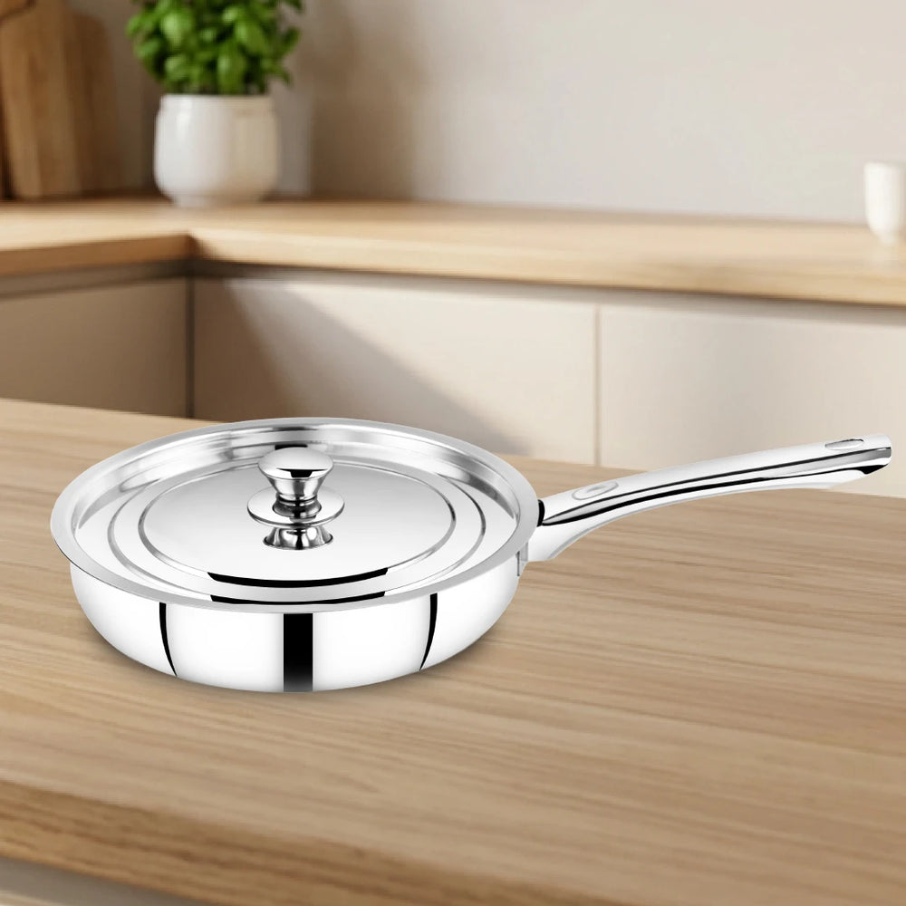 Classic Stainless Steel Fry Pan + Lid, Cook & Saute Curries, Dal, Pasta, Gas & Induction Compatible, Cool Touch Handle and Knob