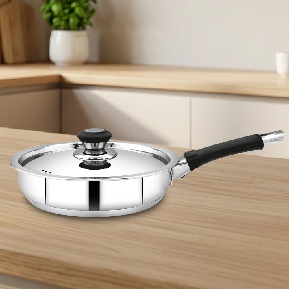 Chroma Stainless Steel Fry Pan + Lid, Cook & Saute Curries, Dal, Pasta | Easy Clean, Tri Ply Base, Non-stick, Gas & Induction Compatible, StayCool+ Handle and Knob, 20 cm / 22 cm