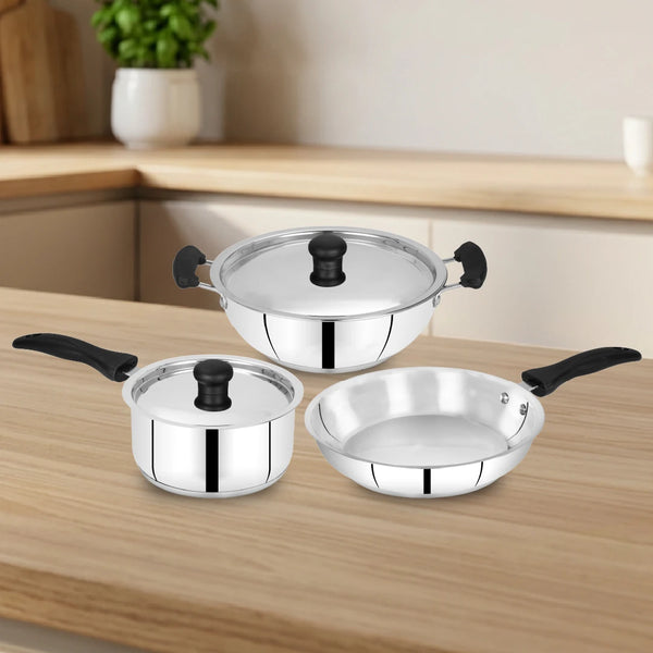 Zen Stainless Steel Cookware 5 Pc Set: Kadai  22 cm + Lid, Tea/Milk Pan 16 cm + Lid, Fry Pan 22 cm, Tri Ply Base, Non-stick, Gas & Induction Compatible, StayCool+ Handle and Knob, Combo Set