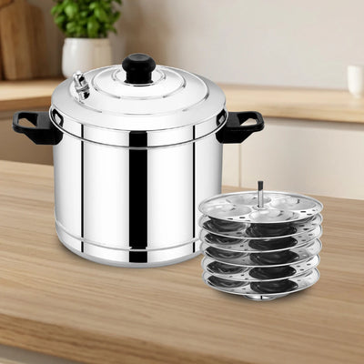 Stainless Steel Idli Cooker with Whistle Indicator - 4 Plate / 6 Plate, Idly Cooker Pot, Induction & Gas Compatible, Rust-Free & Durable