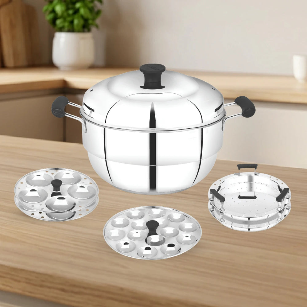 Stainless Steel Multi Kadai 22CM, Versatile Kadai with Steam Release Lid, Steam Idlis, Mini Idlis, Dhokla, Idiyappams, Momos and Vegetables, Tri Ply Base, StayCool+ Handle & Lid Knob