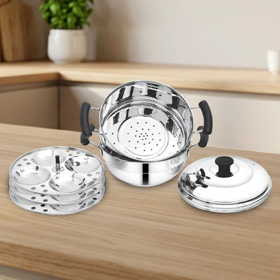 3-in-1 Stainless Steel Multi Kadai Steamer 20CM, 3 Idly Plates (12 Idlis), Tri Ply Bottom, Gas & Induction Friendly, StayCool+ Handles & Lid Knob