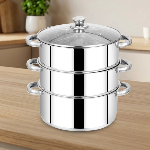 Stainless Steel 3-Tier Utena Smart Steamer for Idlis, Momos & Vegetables, Tri Ply Base, Induction & Gas Compatible, Food-Grade SS, Easy to Clean (18CM / 20CM)