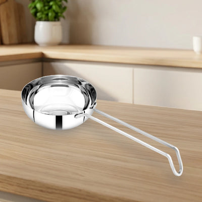 Stainless Steel Tadka Pan with Cool-Touch Handle: 10CM, 11CM, 12.5CM, Induction, Gas & Electric Compatible, For Spice Tempering/Seasoning, Long Wire Handle, Smooth Finished Surface