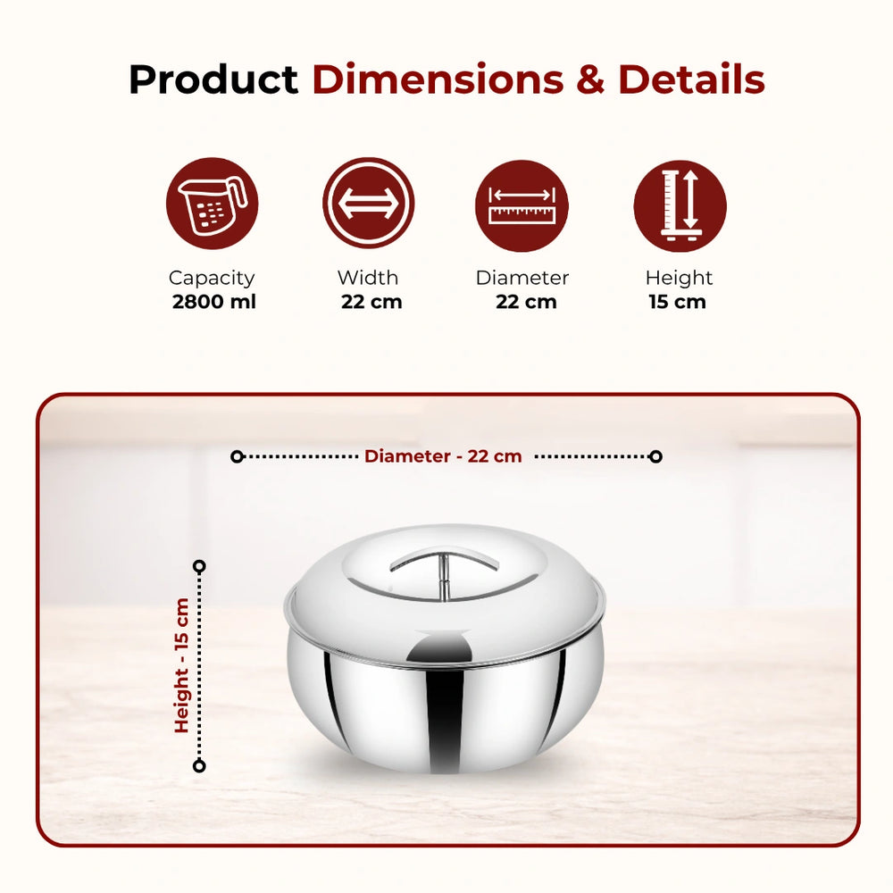 Curve Premium Double Wall Insulated Stainless Steel Casserole, Hot Pot for Roti-Rice-Gravy-Curry, Mirror Finish, Silver Hot Box with Snug Fit Lid Lid, Retains Temperature, Twist Lock