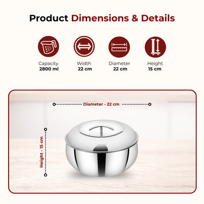 Curve Premium Double Wall Insulated Stainless Steel Casserole, Hot Pot for Roti-Rice-Gravy-Curry, Mirror Finish, Silver Hot Box with Snug Fit Lid Lid, Retains Temperature, Twist Lock