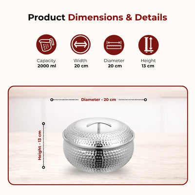 Curve Premium Double Wall Insulated Stainless Steel Casserole, Hot Pot for Roti-Rice-Gravy-Curry, Hammered Finish, Silver Hot Box with Snug Fit Lid Lid, Retains Temperature, Twist Lock