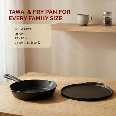Cast Iron Cookware Set: Dosa Tawa 28 CM + Fry Pan 24 CM | Heavy-Duty Traditional Cooking Combo Set | Kitchen Set for Home, Pre-seasoned, Induction Friendly