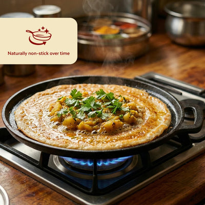 Cast Iron Cookware Set: Dosa Tawa 28 CM + Fry Pan 24 CM | Heavy-Duty Traditional Cooking Combo Set | Kitchen Set for Home, Pre-seasoned, Induction Friendly