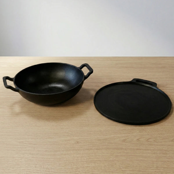 Cast Iron Cookware Set: Kadai 26 CM + Dosa Tawa 28 CM | Heavy-Duty Traditional Cooking Combo Set | Kitchen Set for Home, Pre-seasoned, Induction Friendly