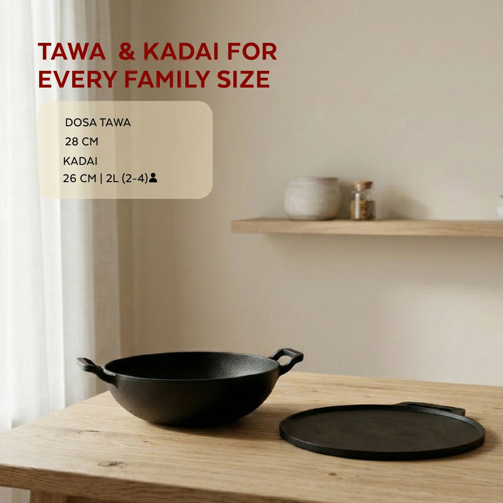 Cast Iron Cookware Set: Kadai 26 CM + Dosa Tawa 28 CM | Heavy-Duty Traditional Cooking Combo Set | Kitchen Set for Home, Pre-seasoned, Induction Friendly