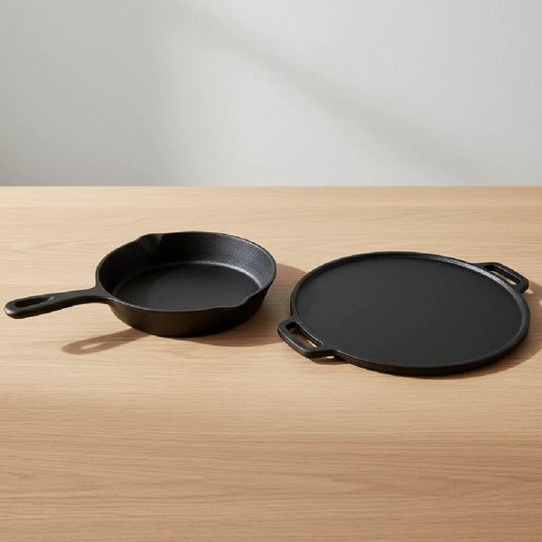 Cast Iron Cookware Set: Dosa Tawa 28 CM + Fry Pan 24 CM | Heavy-Duty Traditional Cooking Combo Set | Kitchen Set for Home, Pre-seasoned, Induction Friendly