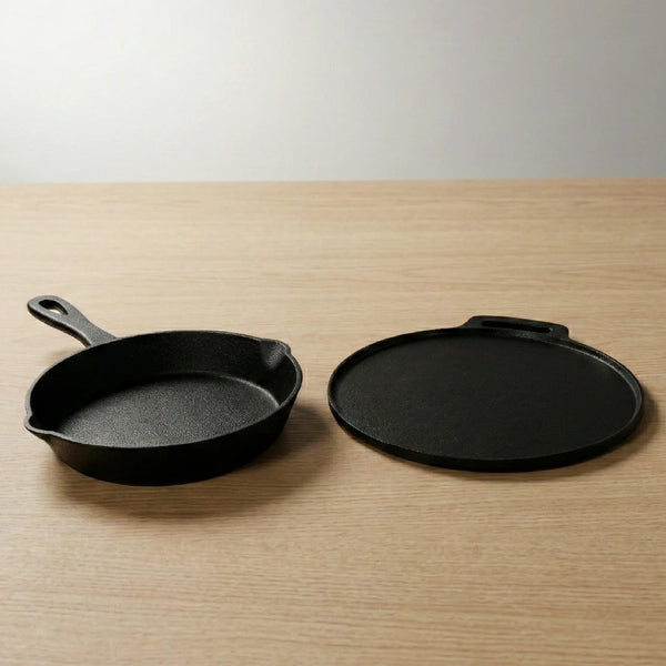 Cast Iron Cookware Set: Dosa Tawa 28 CM + Fry Pan 24 CM | Heavy-Duty Traditional Cooking Combo Set | Kitchen Set for Home, Pre-seasoned, Induction Friendly