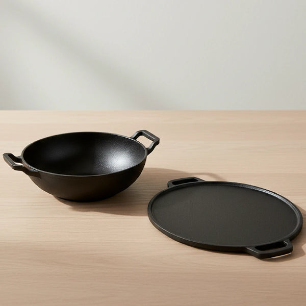 Cast Iron Cookware Set: Kadai 26 CM + Dosa Tawa 28 CM | Heavy-Duty Traditional Cooking Combo Set | Kitchen Set for Home, Pre-seasoned, Induction Friendly