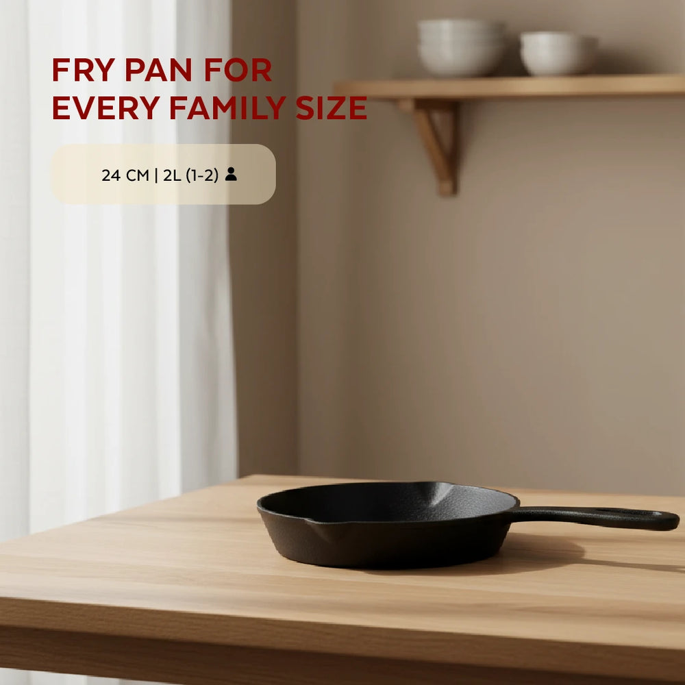 Cast Iron Fry Pan 24 cm, Pre-Seasoned Traditional Pure Iron Fry Pan, Even Heating, Non-Stick Gas & Induction Compatible