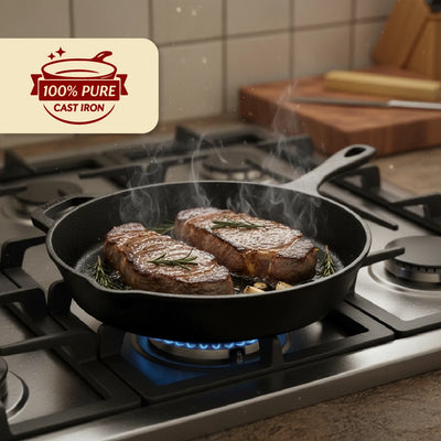 Cast Iron Fry Pan 24 cm, Pre-Seasoned Traditional Pure Iron Fry Pan, Even Heating, Non-Stick Gas & Induction Compatible