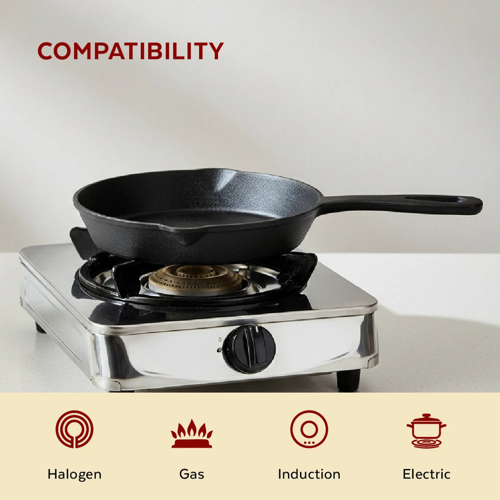 Cast Iron Fry Pan 24 cm, Pre-Seasoned Traditional Pure Iron Fry Pan, Even Heating, Non-Stick Gas & Induction Compatible
