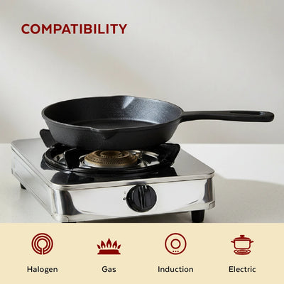 Cast Iron Fry Pan 24 cm, Pre-Seasoned Traditional Pure Iron Fry Pan, Even Heating, Non-Stick Gas & Induction Compatible