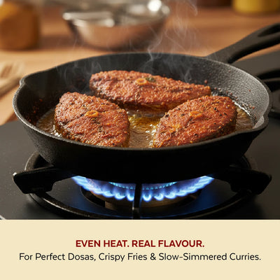 Cast Iron Fry Pan 24 cm, Pre-Seasoned Traditional Pure Iron Fry Pan, Even Heating, Non-Stick Gas & Induction Compatible