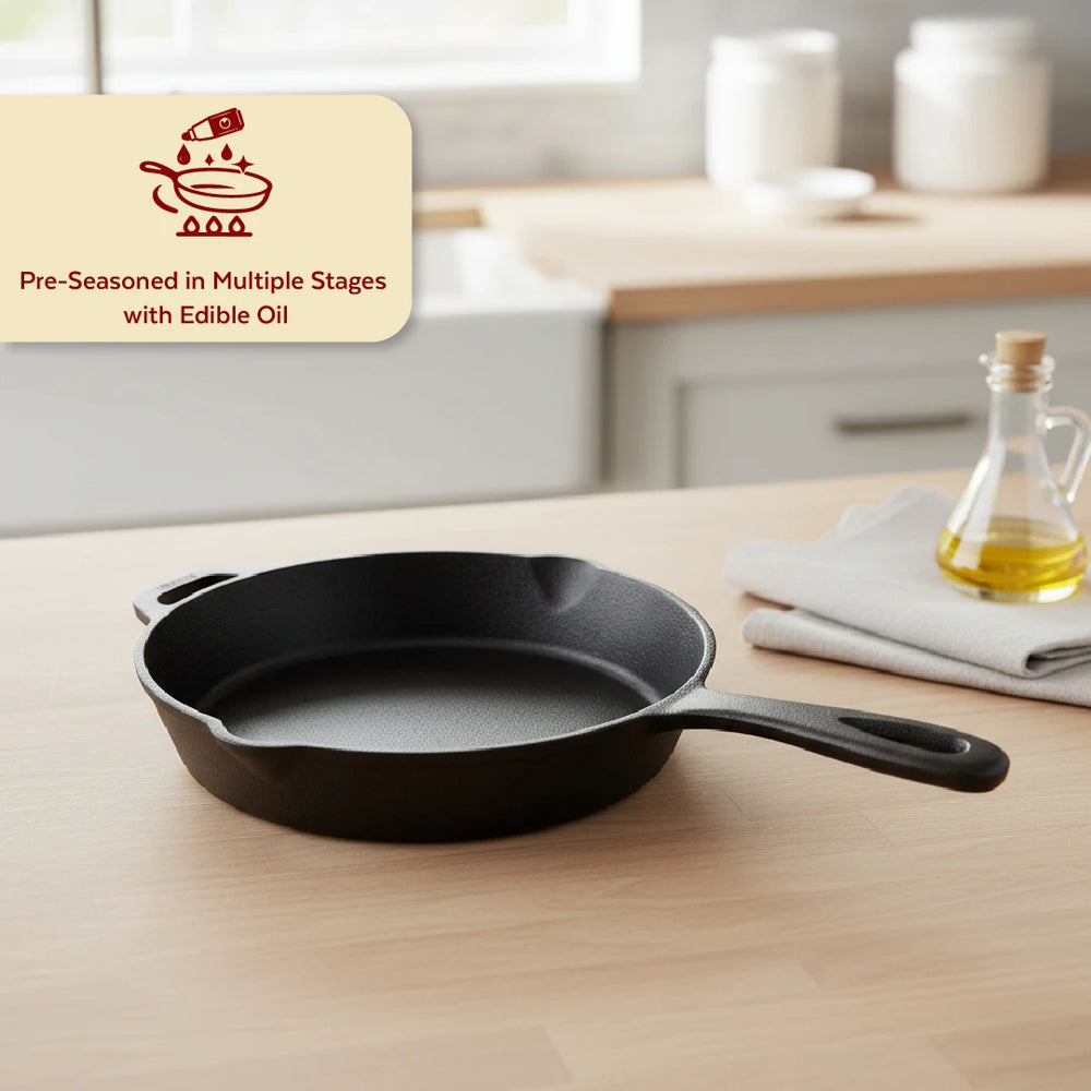 Cast Iron Fry Pan 24 cm, Pre-Seasoned Traditional Pure Iron Fry Pan, Even Heating, Non-Stick Gas & Induction Compatible