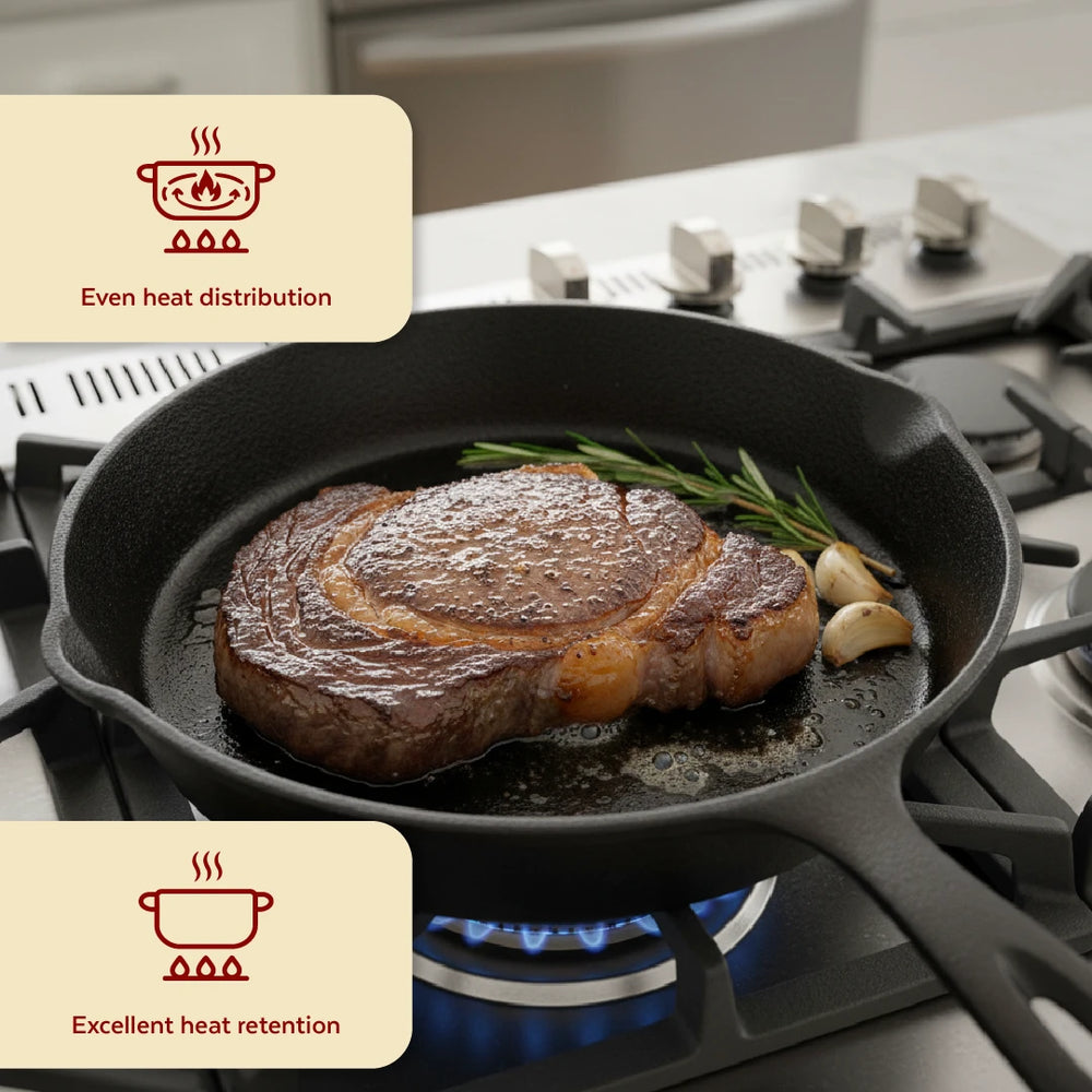 Cast Iron Fry Pan 24 cm, Pre-Seasoned Traditional Pure Iron Fry Pan, Even Heating, Non-Stick Gas & Induction Compatible