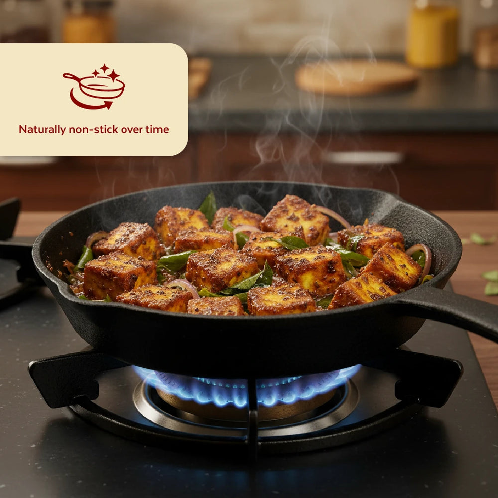 Cast Iron Fry Pan 24 cm, Pre-Seasoned Traditional Pure Iron Fry Pan, Even Heating, Non-Stick Gas & Induction Compatible