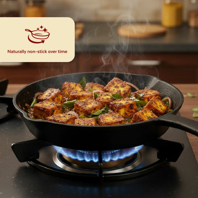 Cast Iron Fry Pan 24 cm, Pre-Seasoned Traditional Pure Iron Fry Pan, Even Heating, Non-Stick Gas & Induction Compatible