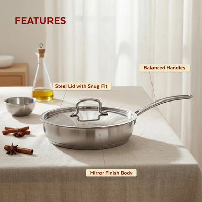 Avanti Stainless Steel Fry Pan: Premium Quality with Snug-Fit Lid, Tri Ply Base, Non-stick, Gas & Induction Compatible, Cool-Touch Handle, Free ₹300 SS Water Bottle