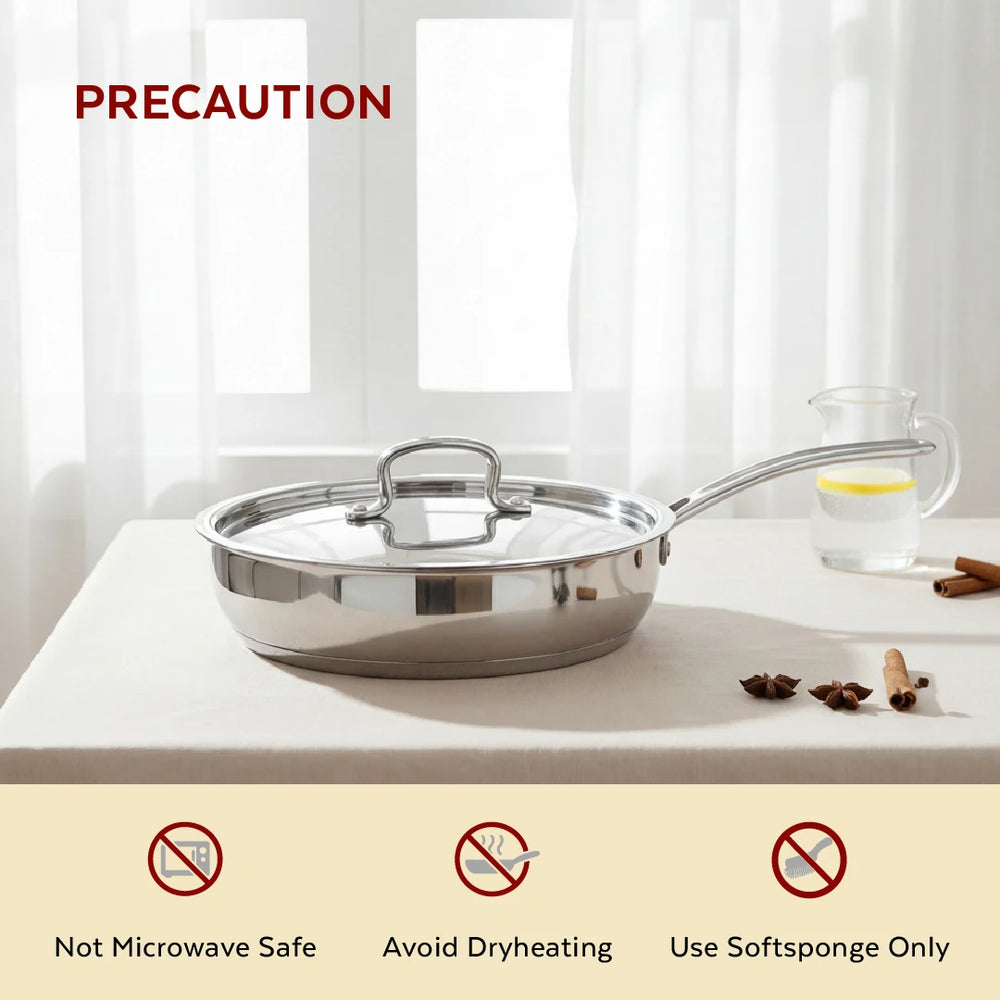 Avanti Stainless Steel Fry Pan: Premium Quality with Snug-Fit Lid, Tri Ply Base, Non-stick, Gas & Induction Compatible, Cool-Touch Handle, Free ₹300 SS Water Bottle