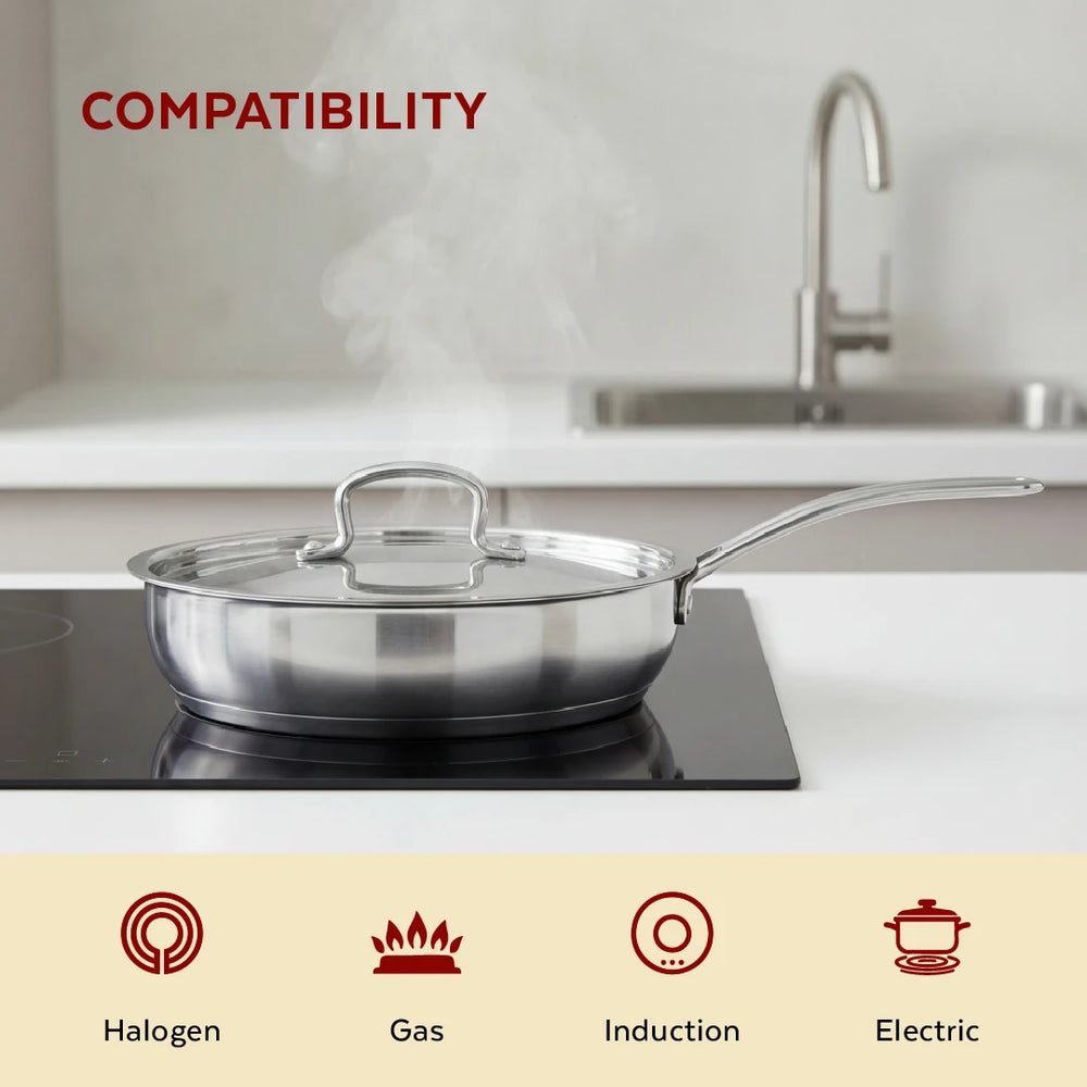 Avanti Stainless Steel Fry Pan: Premium Quality with Snug-Fit Lid, Tri Ply Base, Non-stick, Gas & Induction Compatible, Cool-Touch Handle, Free ₹300 SS Water Bottle