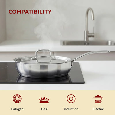 Avanti Stainless Steel Fry Pan: Premium Quality with Snug-Fit Lid, Tri Ply Base, Non-stick, Gas & Induction Compatible, Cool-Touch Handle, Free ₹300 SS Water Bottle