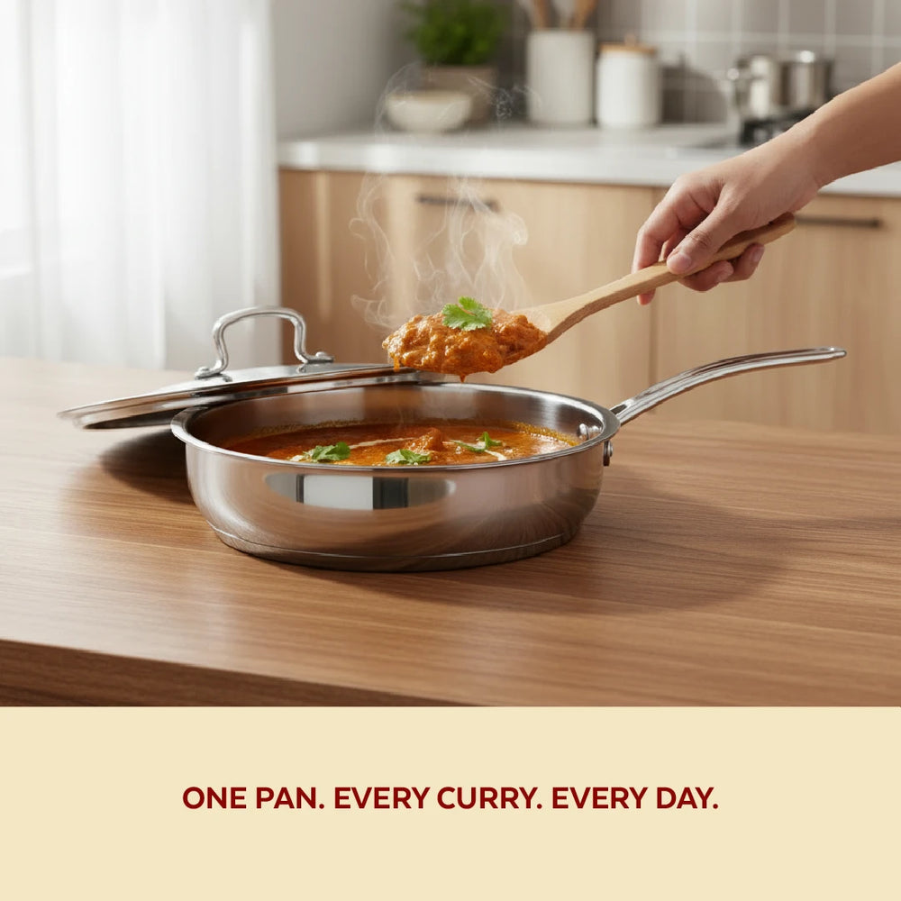 Avanti Stainless Steel Fry Pan: Premium Quality with Snug-Fit Lid, Tri Ply Base, Non-stick, Gas & Induction Compatible, Cool-Touch Handle, Free ₹300 SS Water Bottle
