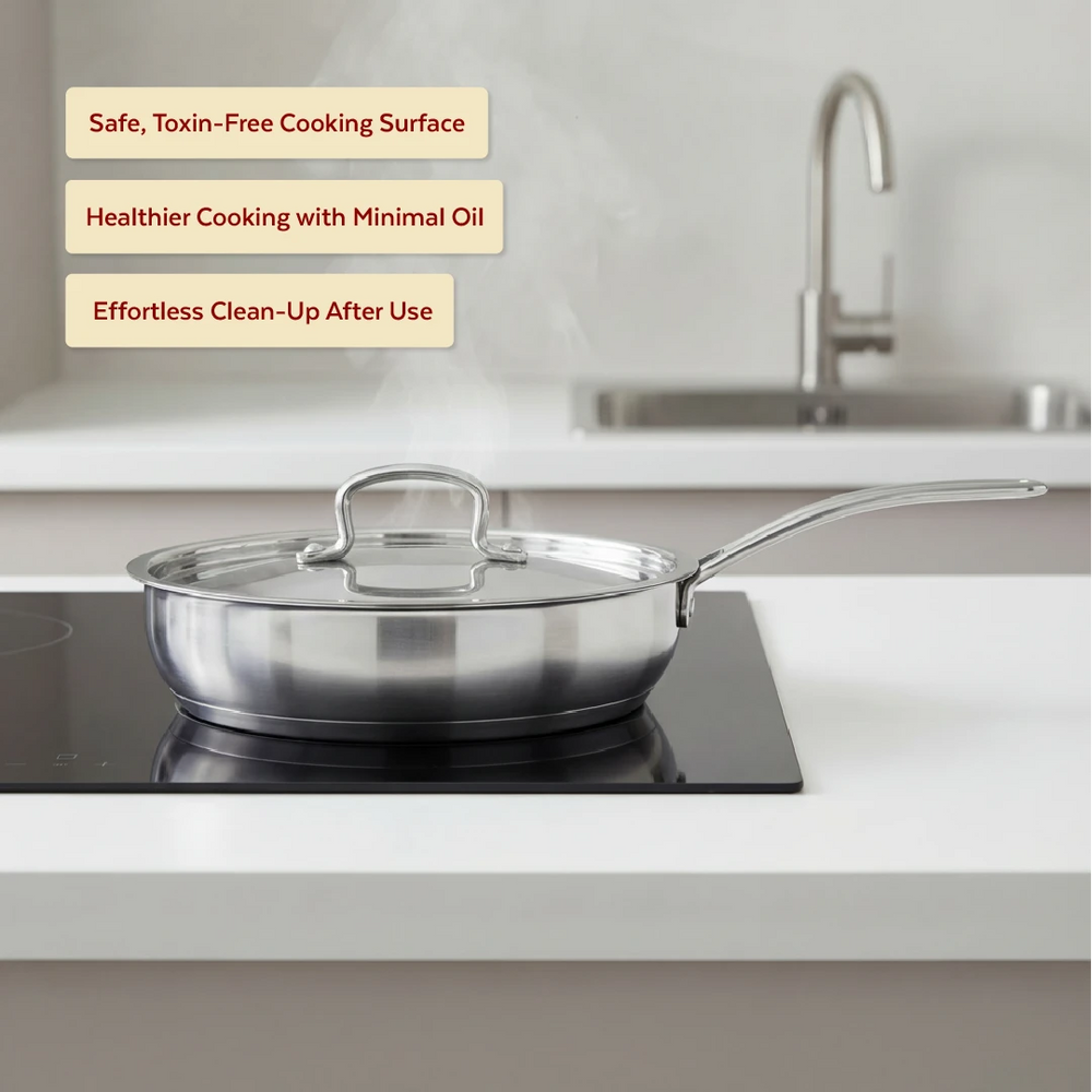 Avanti Stainless Steel Fry Pan: Premium Quality with Snug-Fit Lid, Tri Ply Base, Non-stick, Gas & Induction Compatible, Cool-Touch Handle, Free ₹300 SS Water Bottle