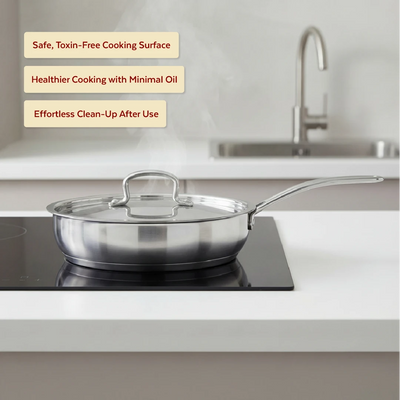 Avanti Stainless Steel Fry Pan: Premium Quality with Snug-Fit Lid, Tri Ply Base, Non-stick, Gas & Induction Compatible, Cool-Touch Handle, Free ₹300 SS Water Bottle