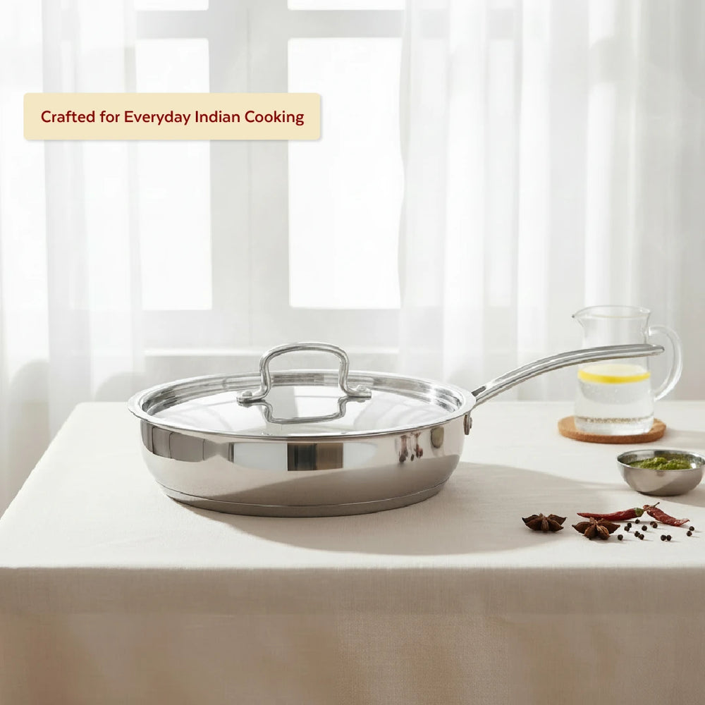 Avanti Stainless Steel Fry Pan: Premium Quality with Snug-Fit Lid, Tri Ply Base, Non-stick, Gas & Induction Compatible, Cool-Touch Handle, Free ₹300 SS Water Bottle