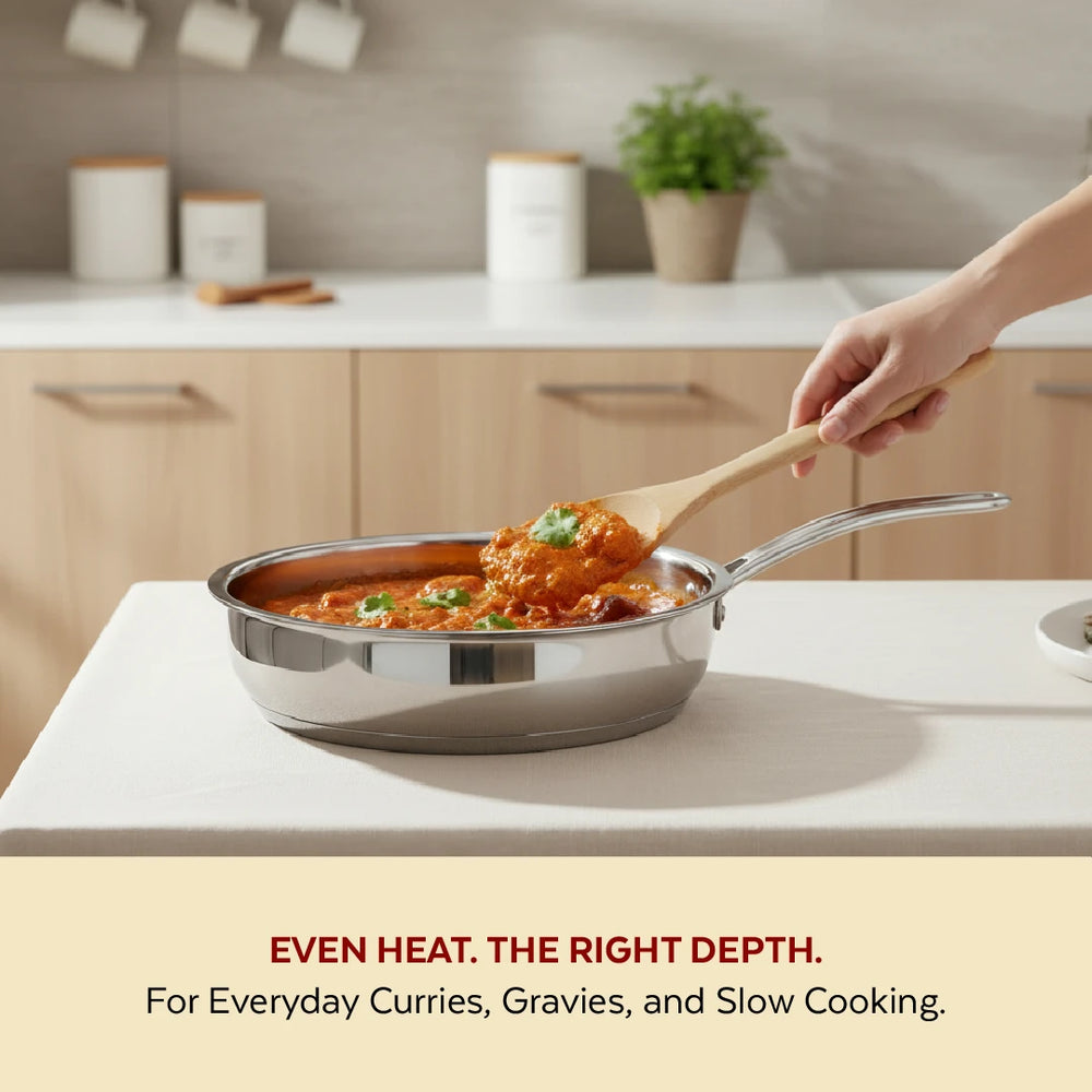 Avanti Stainless Steel Fry Pan: Premium Quality with Snug-Fit Lid, Tri Ply Base, Non-stick, Gas & Induction Compatible, Cool-Touch Handle, Free ₹300 SS Water Bottle