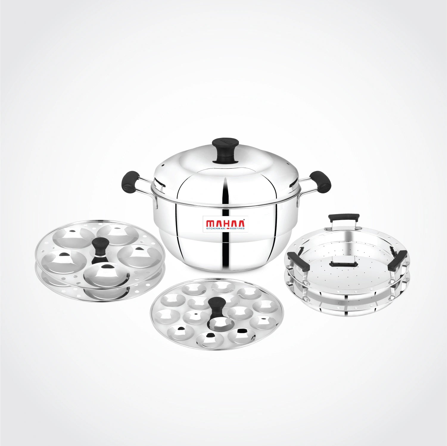 MAHAA Stainless Steel Multi Kadai 22CM – Versatile Kadai with Steam Release Lid | Steam Idlis, Mini Idlis, Dhokla, Idiyappams, Momos and Vegetables | Tri Ply Base | StayCool+ Handle & Lid Knob