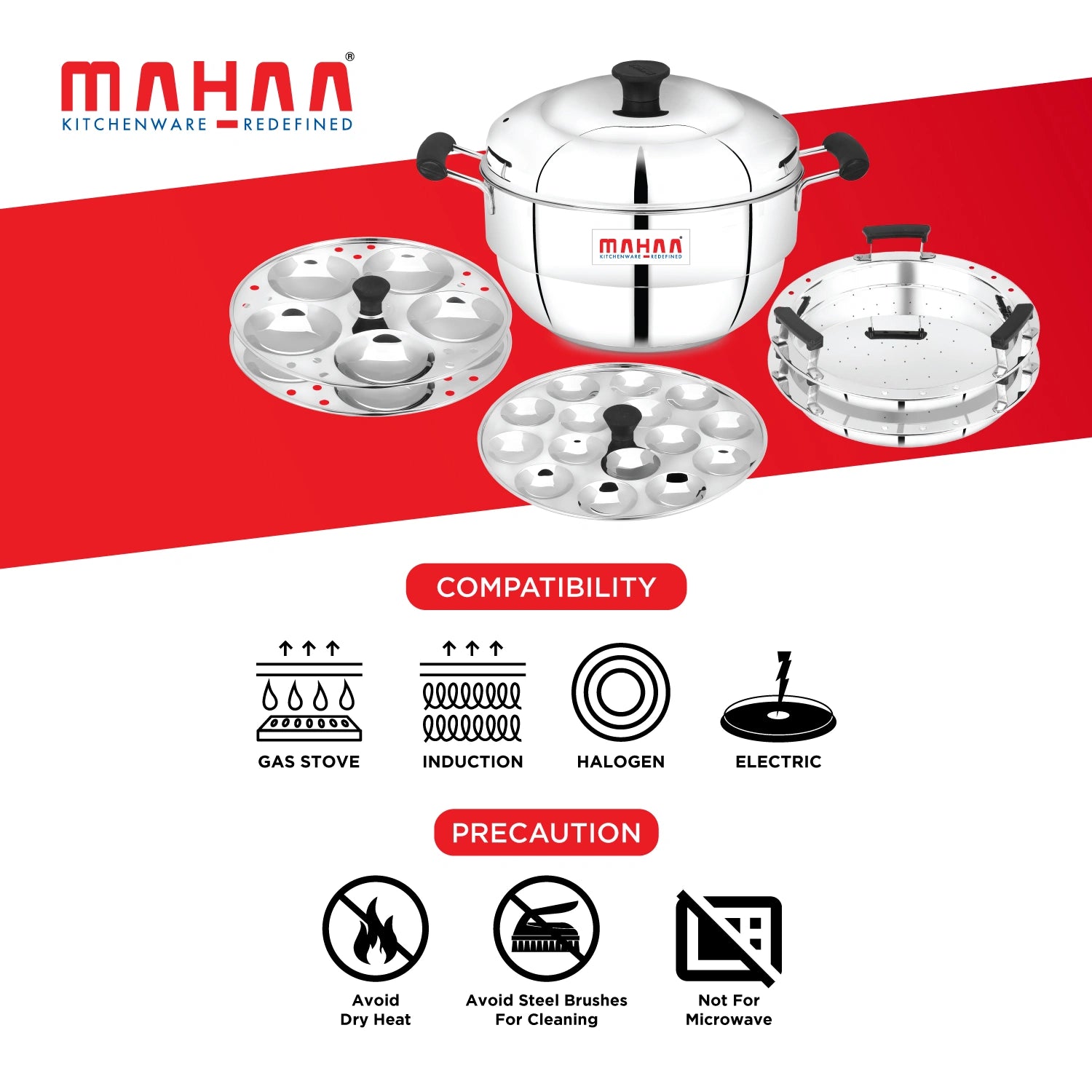 MAHAA Stainless Steel Multi Kadai 22CM – Versatile Kadai with Steam Release Lid | Steam Idlis, Mini Idlis, Dhokla, Idiyappams, Momos and Vegetables | Tri Ply Base | StayCool+ Handle & Lid Knob