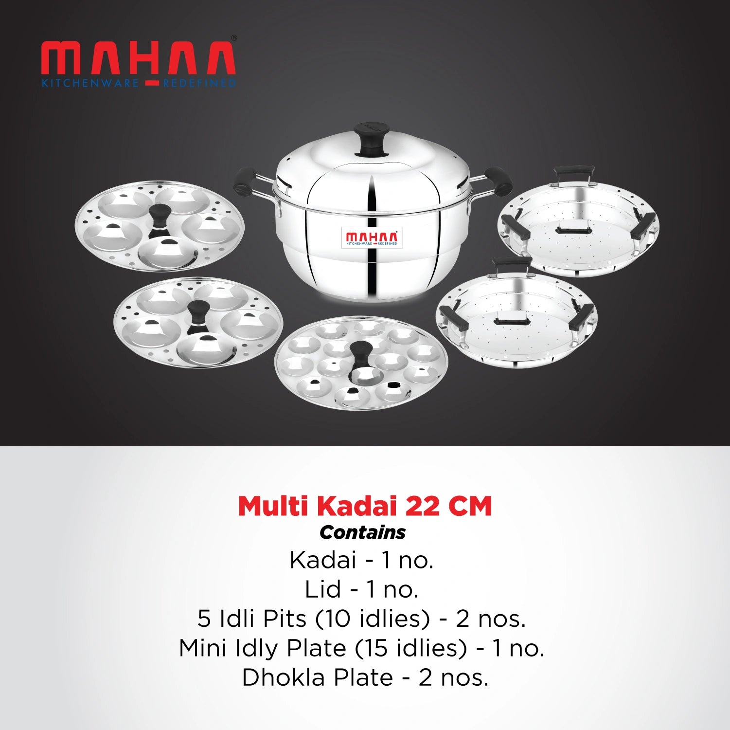 MAHAA Stainless Steel Multi Kadai 22CM – Versatile Kadai with Steam Release Lid | Steam Idlis, Mini Idlis, Dhokla, Idiyappams, Momos and Vegetables | Tri Ply Base | StayCool+ Handle & Lid Knob