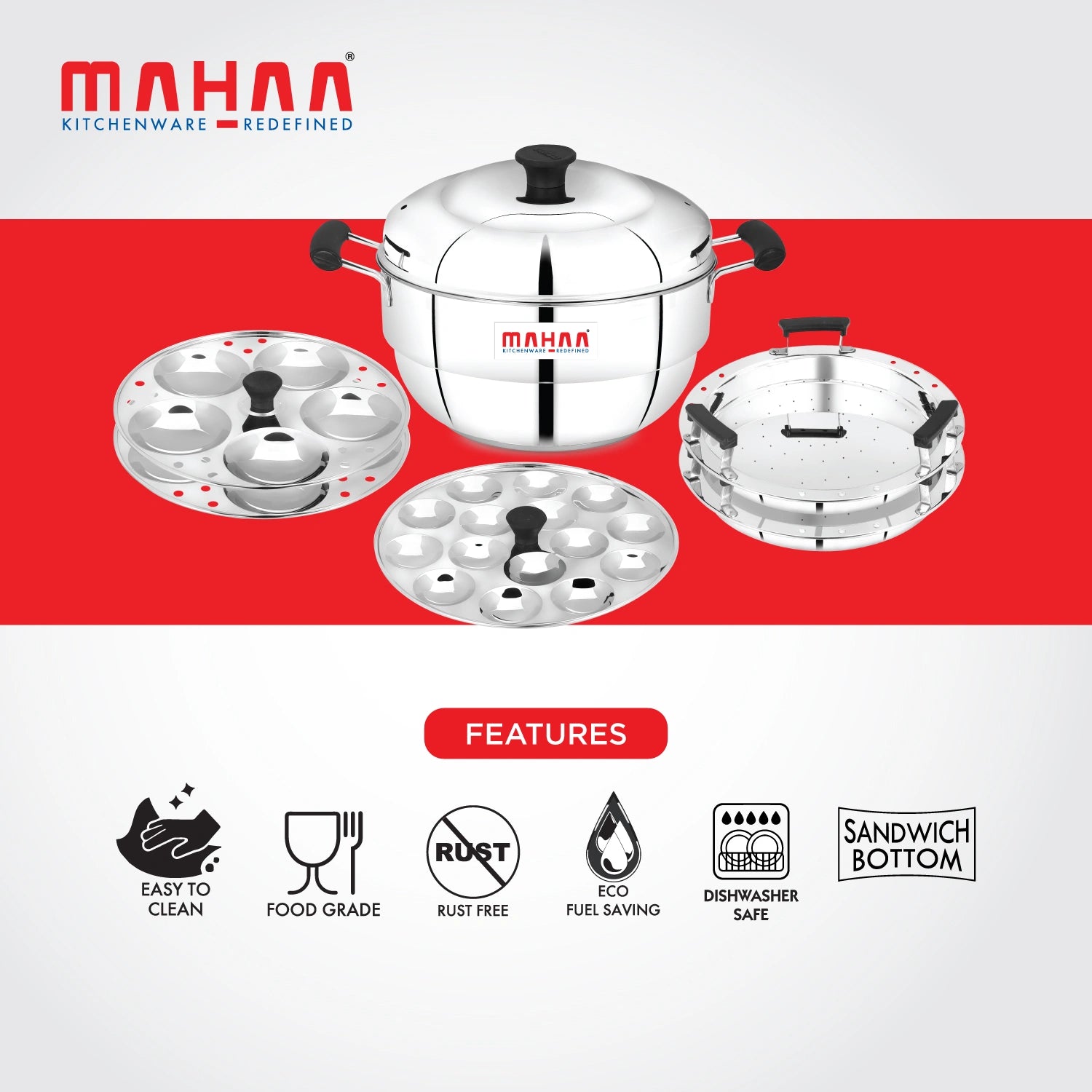 MAHAA Stainless Steel Multi Kadai 22CM – Versatile Kadai with Steam Release Lid | Steam Idlis, Mini Idlis, Dhokla, Idiyappams, Momos and Vegetables | Tri Ply Base | StayCool+ Handle & Lid Knob