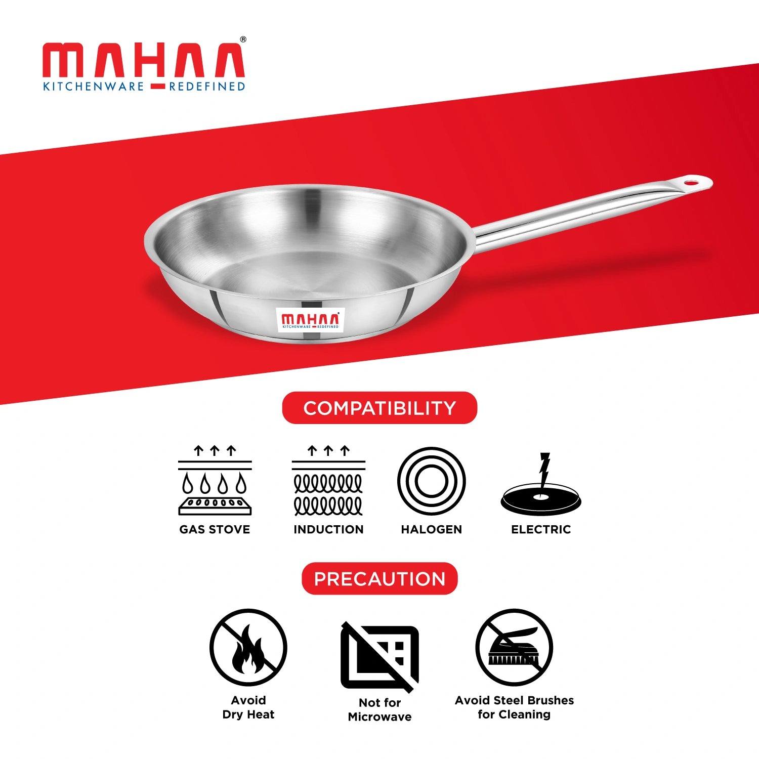 MAHAA Stainless Steel Professional Fry Pan – Scratch-Resistant Body | Heavy-Duty Stainless Steel | Tri Ply Base | Gas &  Induction Compatible | Cool-Touch Handle | 20/24/26/28/30/32 cm