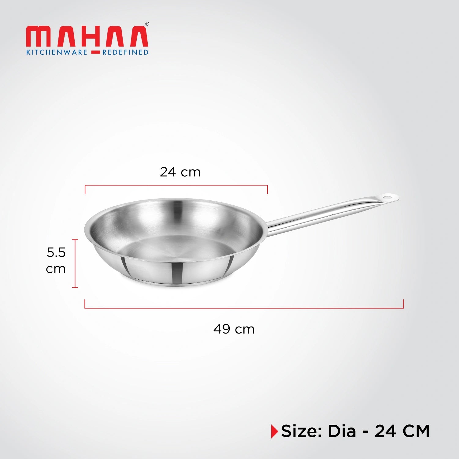 MAHAA Stainless Steel Professional Fry Pan – Scratch-Resistant Body | Heavy-Duty Stainless Steel | Tri Ply Base | Gas &  Induction Compatible | Cool-Touch Handle | 20/24/26/28/30/32 cm